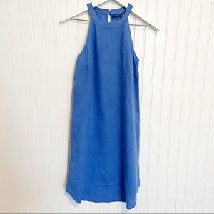 ANTIBES BLANQ 100% linen halter neck high low split hem dress blue anthro XS